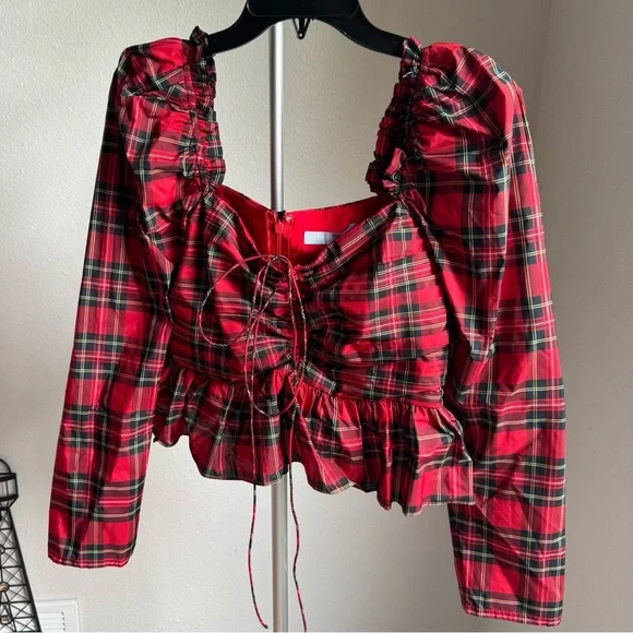 NWT Antonio Melani Elvira Plaid Tie Square Neck Long Puffed Sleeve Blouse Sz 6 - Picture 7 of 11